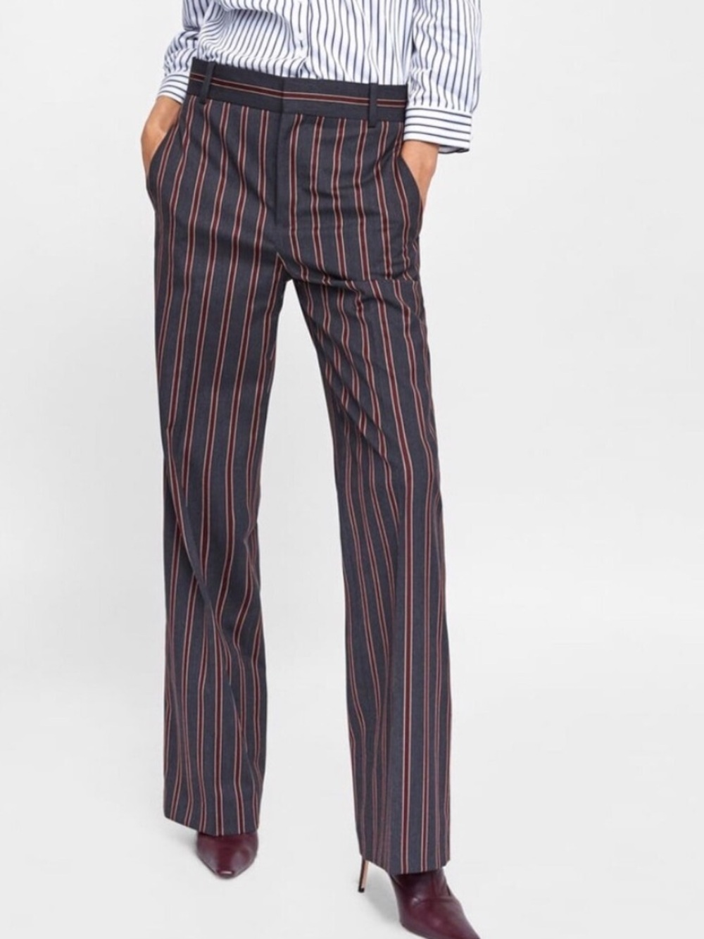 Zara woman striped masculine wide leg trousers XL charcoal gray burgundy yellow